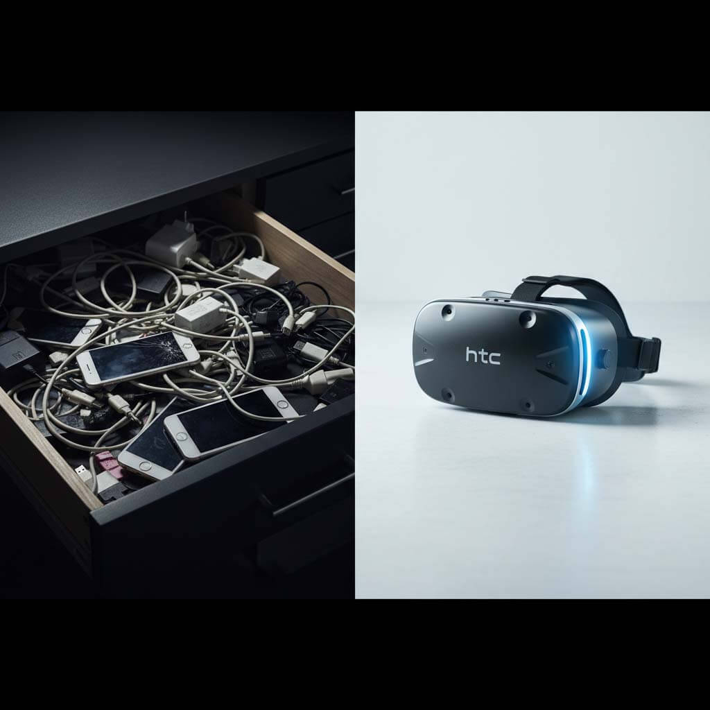 抽屜裡堆積如山的舊傳輸線與舊手機對比乾淨俐落的 HTC VIVE Eagle